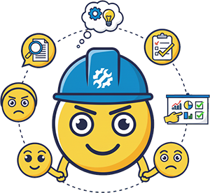 Un smiley portant un casque de chantier, entouré d’icônes de gestion, d’émotions et d’outils numériques, illustrant l’accompagnement humain LG Boost — pour vous accompagner avec bienveillance, écoute et pragmatisme dans votre développement.