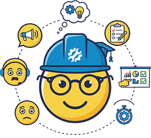 Un smiley portant un casque de chantier et des lunettes, entouré d’outils numériques et d’icônes de gestion, illustrant le conseil opérationnel LG Boost — pour optimiser vos processus, réduire votre charge mentale et améliorer votre efficacité.