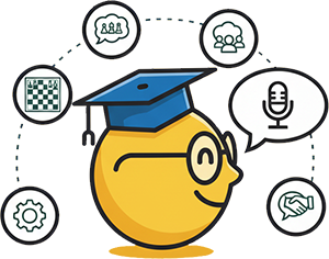 Un smiley portant une toque de diplômé, entouré d’icônes de stratégie, communication et innovation, illustrant le diagnostic organisationnel LG Boost pour artisans et PME — pour identifier vos leviers de croissance et vos points de blocage.