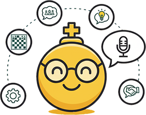 Un smiley portant des lunettes, entouré d’icônes de stratégie, communication et innovation, illustrant la stratégie sur-mesure LG Boost — pour co-construire un plan d'action clair, aligné sur vos ambitions et votre secteur.