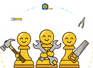 Trois pions d’échecs souriants équipés d’outils de travail (marteau, clé, scie), illustrant le support opérationnel sur-mesure LG Boost — pour prendre en charge vos tâches quotidiennes avec efficacité et sérénité.